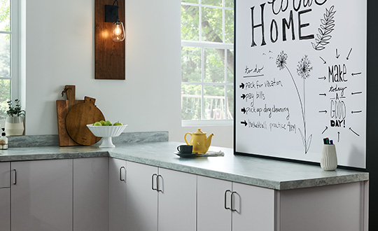 Dry erase board in kitchen with yellow teapot 949 White Writable Surfaces