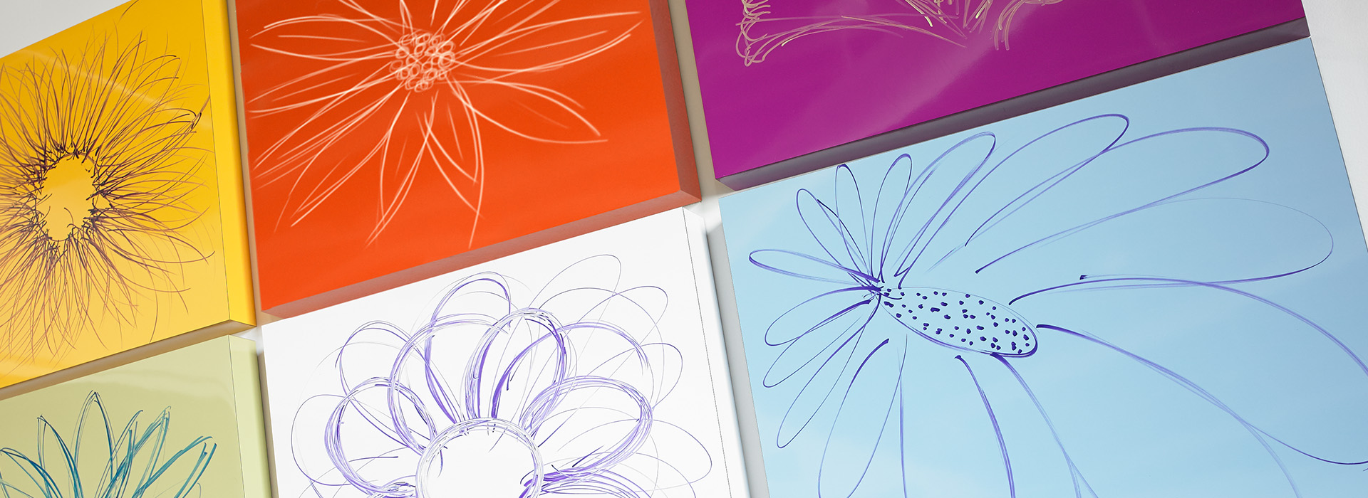 Flower artwork 851 Spectrum Blue 3209 Sol 6907 Amarena 8821 Just Blue Specialty Markerboard