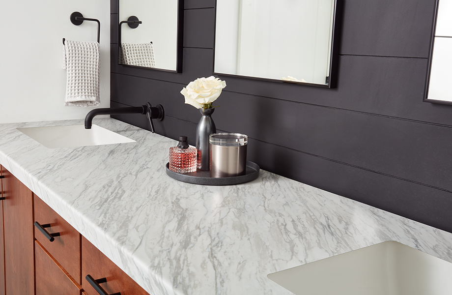 3701 11 Manhattan Marble bathroom counter with black backsplash