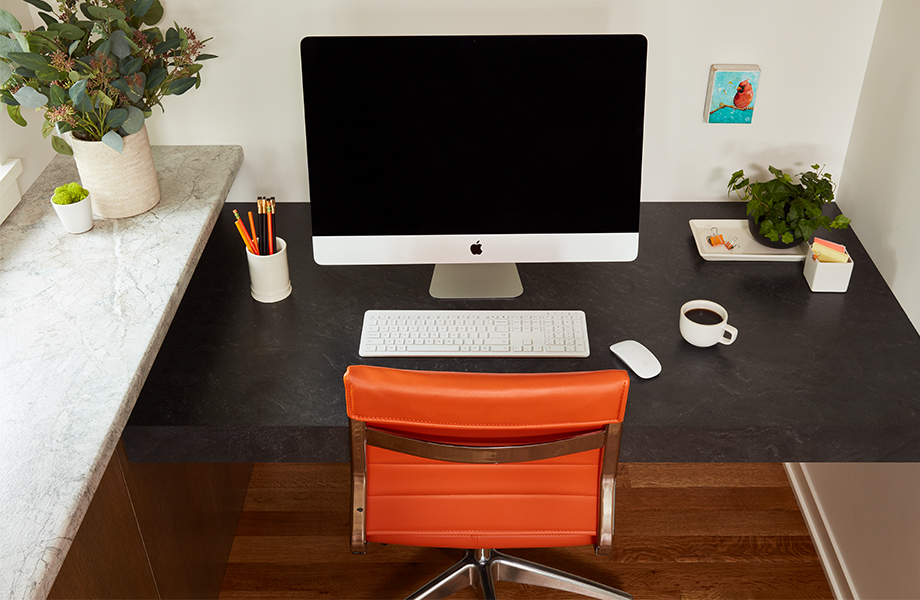 Home office with 3702 Mediterranean Marble ledge and 3711 Slate Noir desk